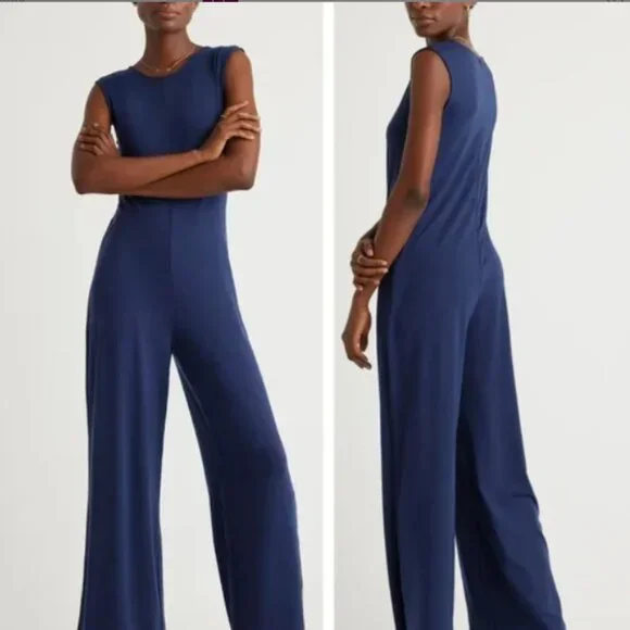 NWT Quince Navy Sleeveless Stretchy Full length Wide Leg Jumpsuit Leisure - Picture 1 of 6